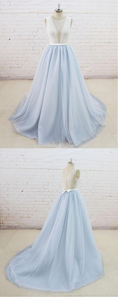 BMbridal Gorgeous Light Blue Tulle Lace Wedding Dress Sheer Back Summer Bridal Gowns On Sale