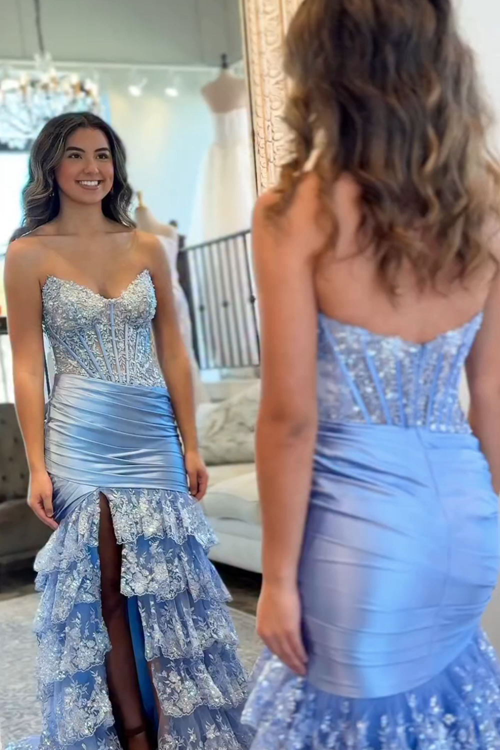 Red Sweetheart Mermaid Tulle Ruffled Long Corset Prom Dress with Sequin Appliques