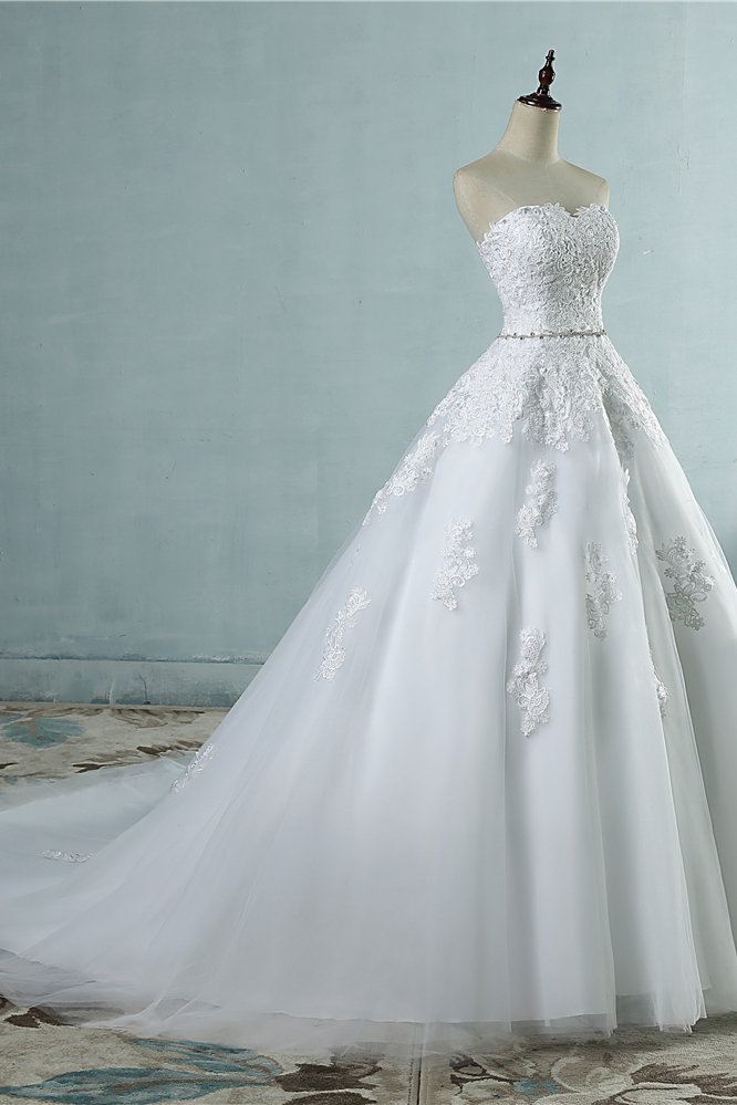 BMbridal Sexy Strapless Sweetheart Tulle Wedding Dress Sleeveless Appliques Bridal Gowns with Beadings Sash-BMbridal
