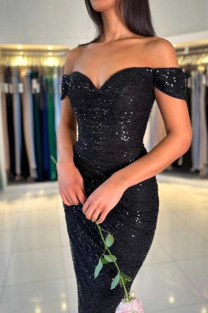 Bmbridal Black Off-the-Shoulder Sheath Prom Dress With Sequins