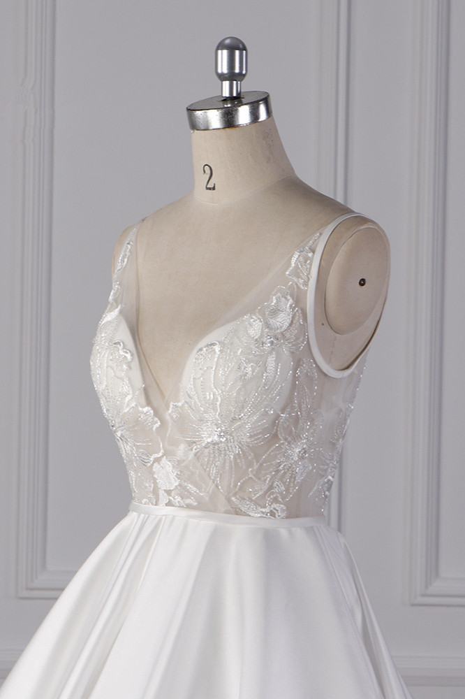 BMbridal Elegant Satin V-Neck Wedding Dress Lace Appliques Sleeveless Bridal Gowns On Sale-BMbridal