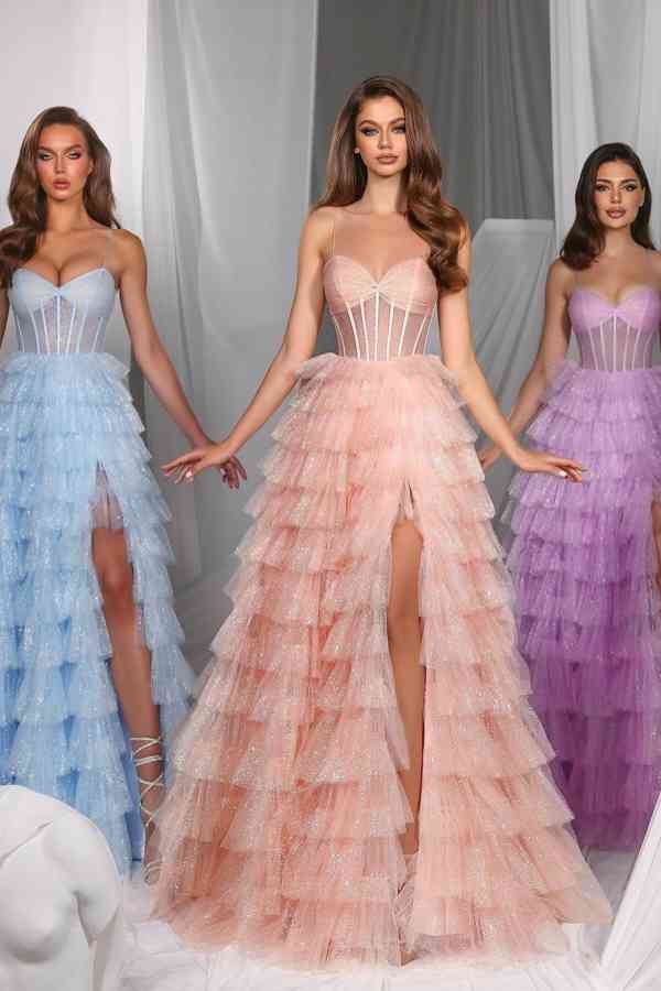 Gorgeous Sweetheart Tulle Layered Prom Dress Long With Split-BMbridal