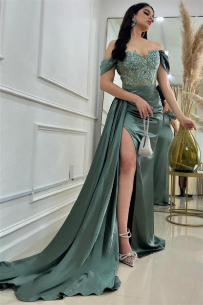 Amazing Mermaid Off-the-shoulder Sleeveless Rhinestone Lace Prom Dress With Splites