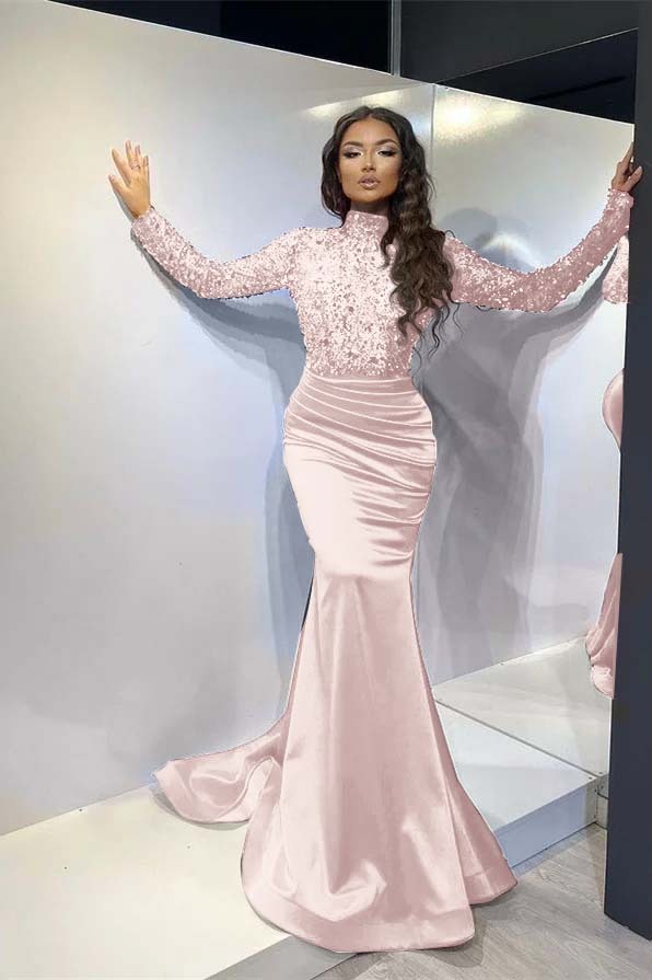 Classic Red Long Mermaid Prom Dress Pleated With Long Sleeves