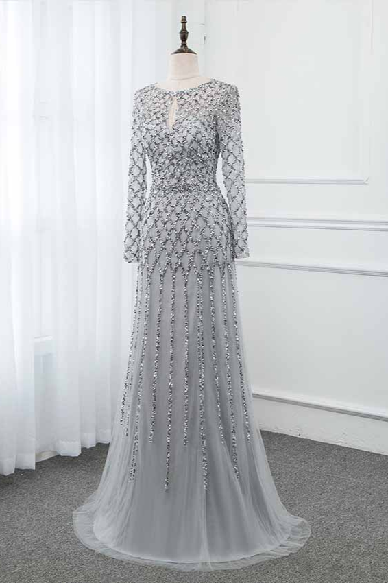 BMbridal Elegant Tulle Jewel Rhinestones Prom Dresses with Long Sleeves
