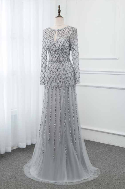 BMbridal Elegant Tulle Jewel Rhinestones Prom Dresses with Long Sleeves