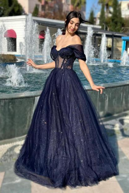 Gorgeous A-Line Floor-Length Sweetheart Off-The-Shoulder Sequined Tulle Wedding Dresses
