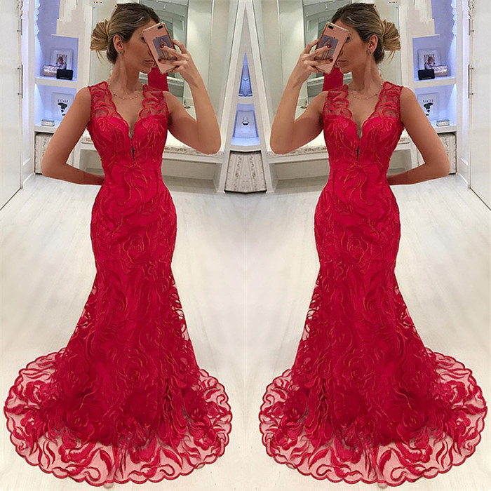 Bmbridal Red Sleeveless Mermaid Prom Dress With Lace Evening Gowns