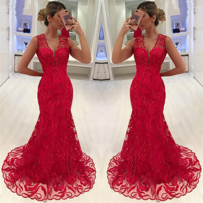 Bmbridal Red Sleeveless Mermaid Prom Dress With Lace Evening Gowns