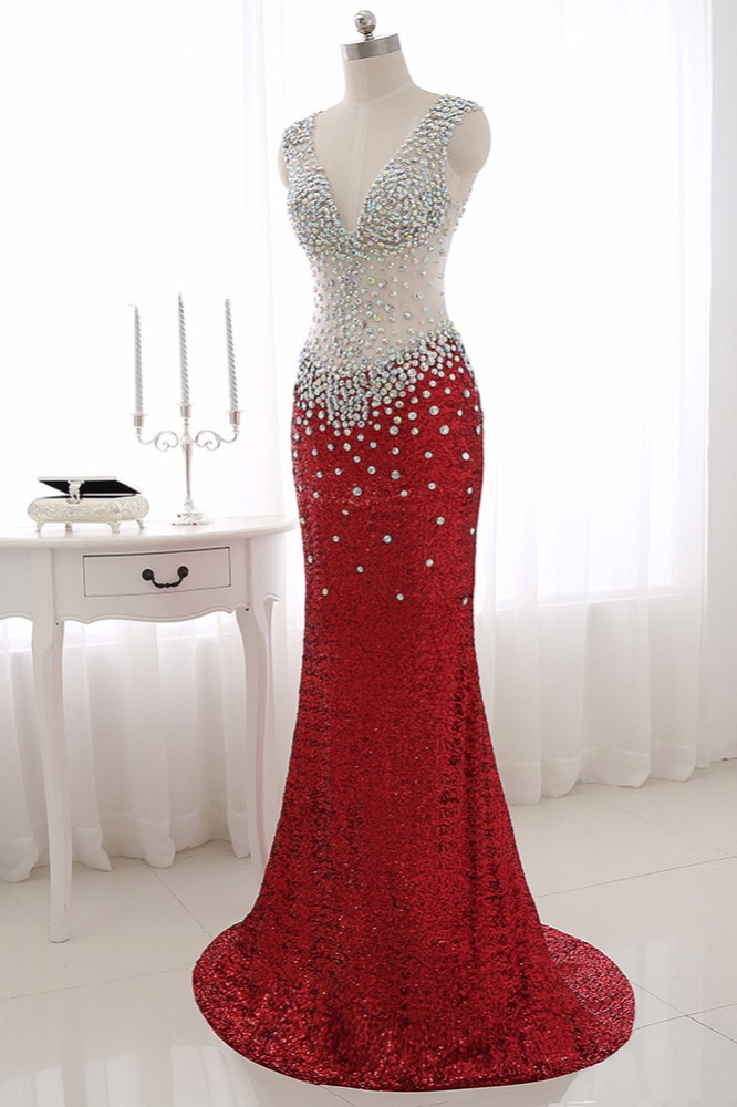 BMbridal Sparkly Sequined V-Neck Burgundy Mermaid Prom Dresses with Rhinestone Top