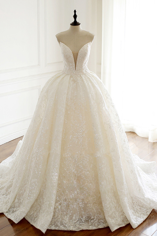 BMbridal Sexy Deep-V-Neck Strapless Tulle Wedding Dress Sleeveless Lace Appiques Bridal Gowns On Sale-BMbridal