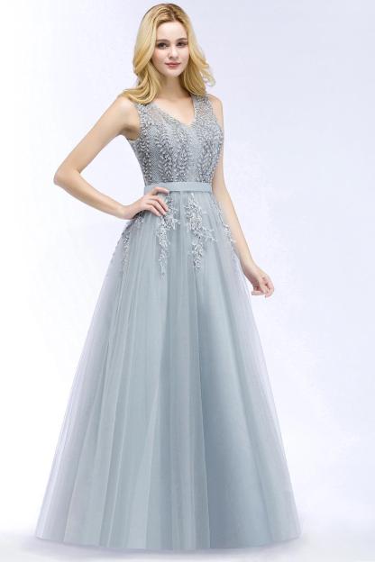 BMbridal Stylish V-neck Tulle Lace Long Evening Dress