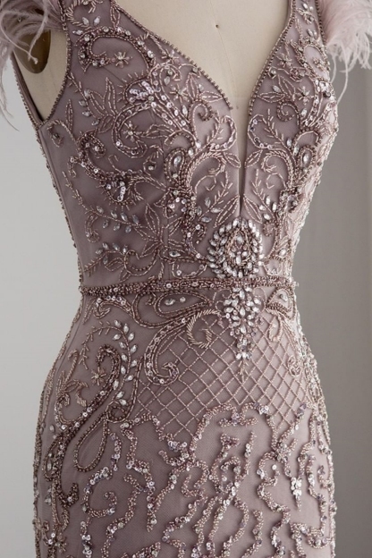 Bmbridal A-Line Taupe V-Neck Tulle Cap Sleeves Prom Dresses with Appliques