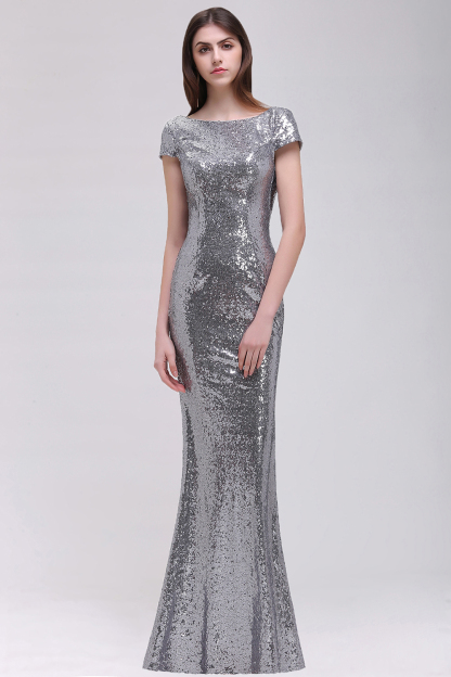 BMbridal Sparkly Sequined Jewel Sheath Prom Dress with Short Sleeves and Draped Back