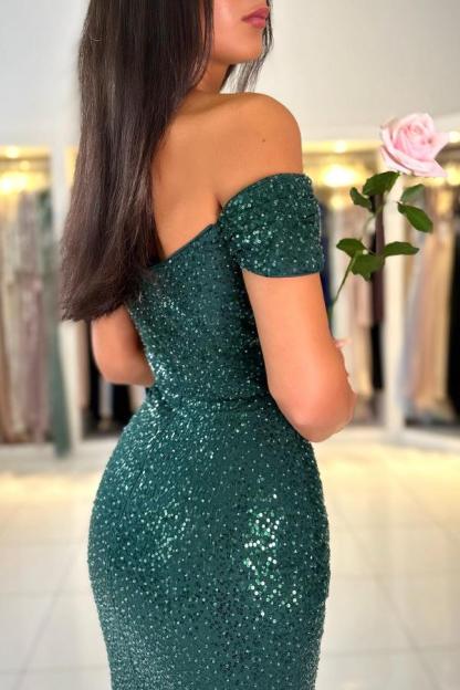 Bmbridal Dark Green Sheath Off-The-Shoulder Sweetheart Prom Dresses with Sequins