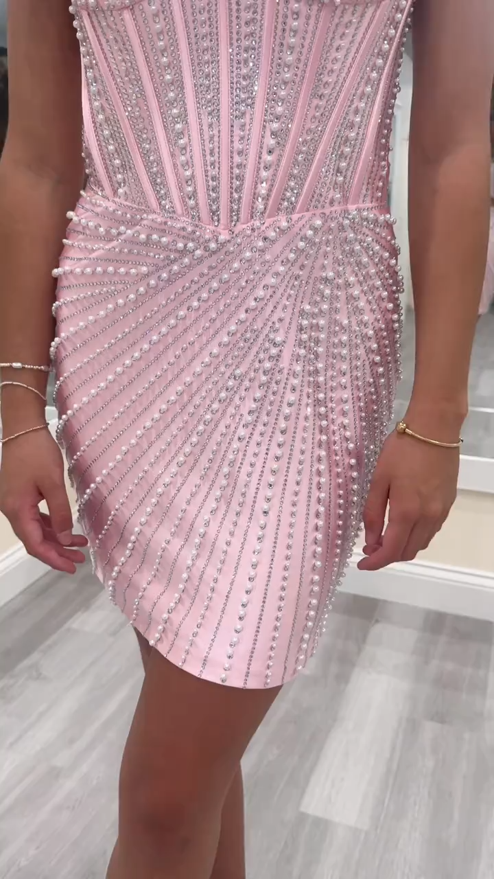 Halter Sweetheart Corset Homecoming Dress Pearl Beaded Bodycon Mini Open Back