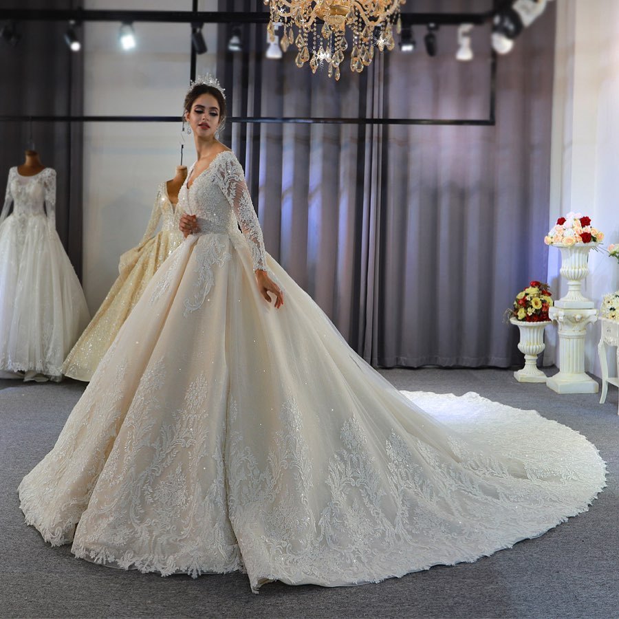 Stylish Train Sweetheart Backless Long Sleeves A-Line Wedding Dress with Appliques Lace Sequins