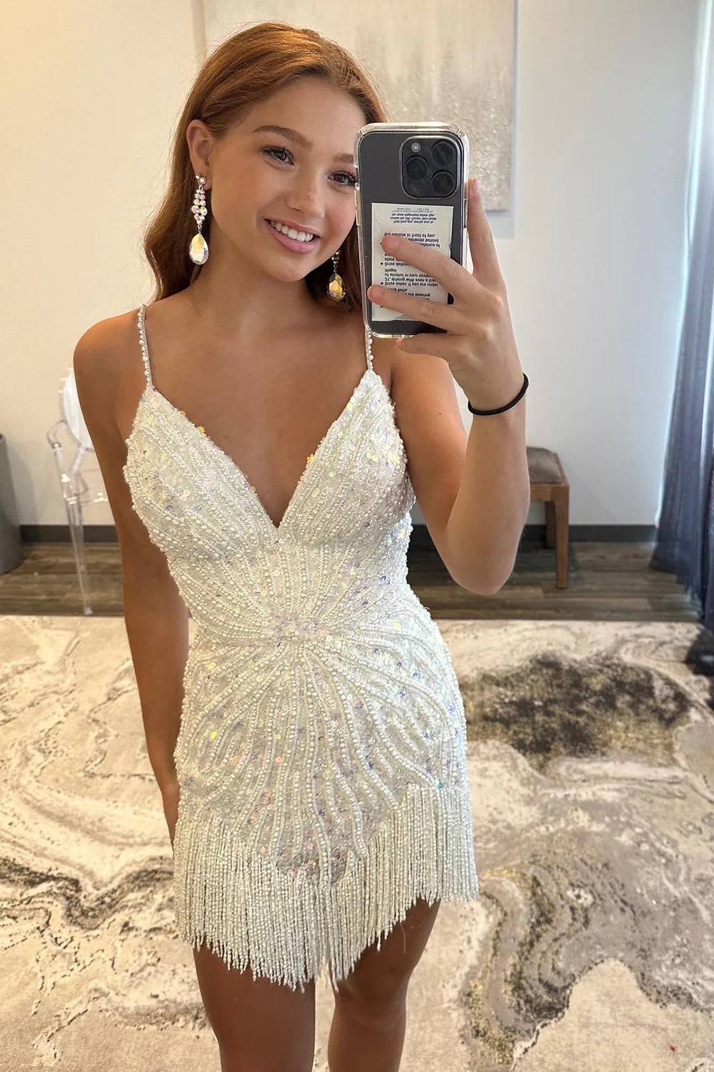 Sparkly White Beaded Tight Short Homecoming Dress with Fringes