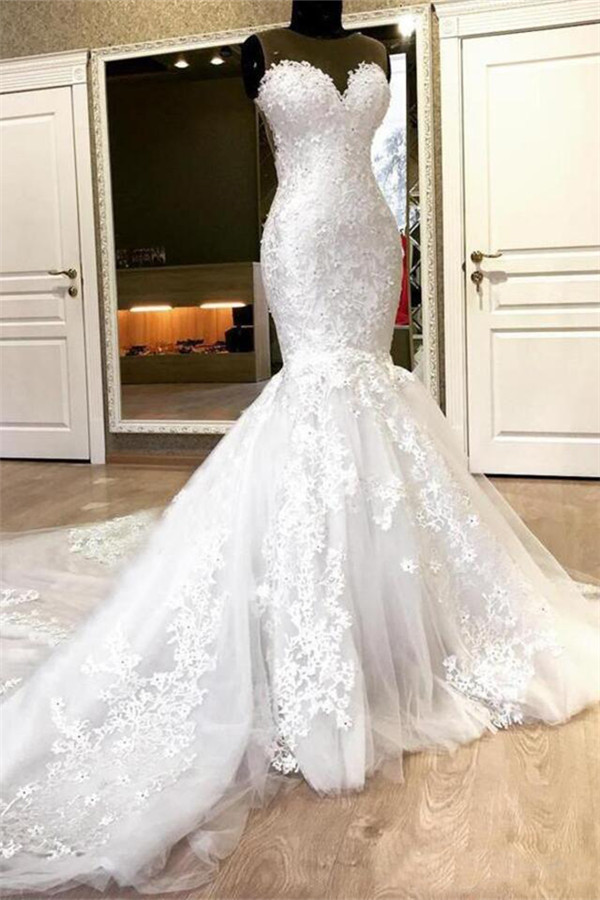 BMbridal Chic Jewel Sleeveless White Wedding Dresses With Appliques Mermaid Lace Bridal Gowns Online-BMbridal