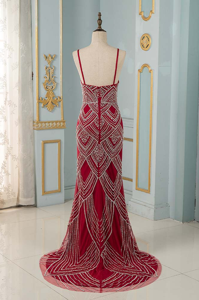 BMbridal Chic Spaghetti Straps Burgundy Mermaid Prom Dresses with Rhinestones