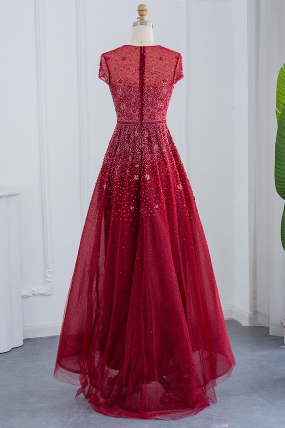 Bmbridal Red A-Line Short Sleeves Floor-Length Prom Dresses with Beadings