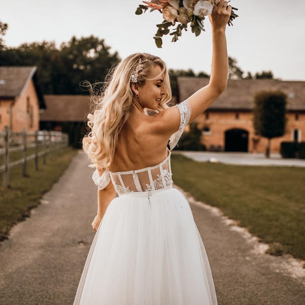 Bmbridal Off-the-Shoulder Tulle Wedding Dress Boho Lace Long-BMbridal