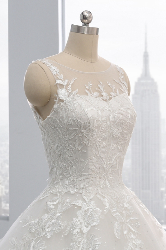 BMbridal Affordable Ball Gown Jewel Tulle Lace Wedding Dress Ruffles Sleeveless Appliques Bridal Gowns Online-BMbridal