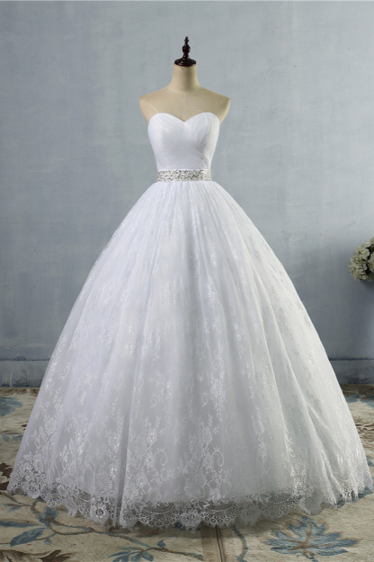 BMbridal Stylish Tulle Appliques Ball Gown Wedding Dresses Sweetheart Sleeveless Bridal Gowns with Beading Sash-BMbridal