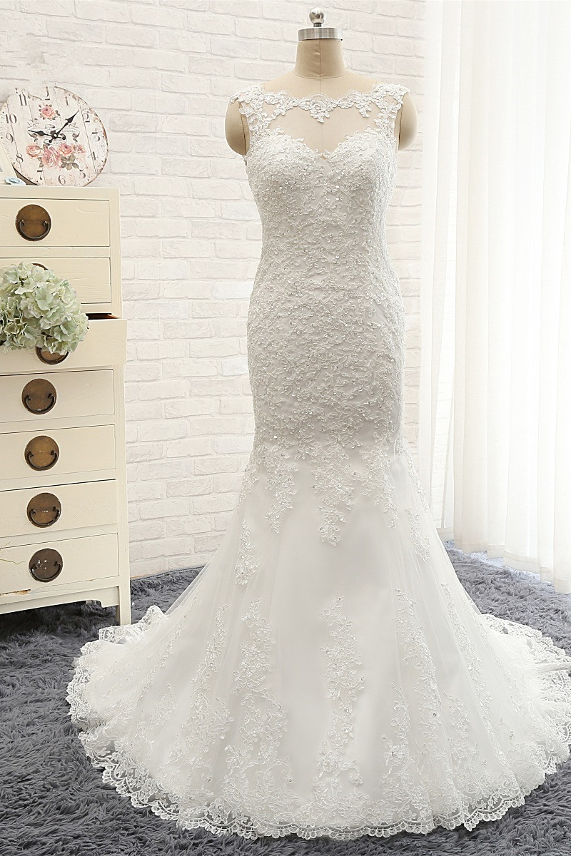BMbridal Gorgeous Sleeveless Appliques Beadings Wedding Dress Jewel Tulle White Bridal Gowns On Sale