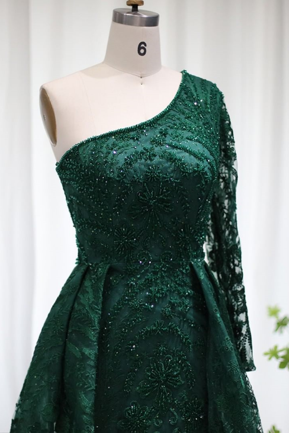 Bmbridal Dark Green Stain One Shoulder A-Line Prom Dresses with Lace