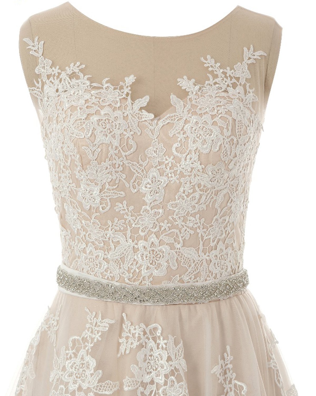 BMbridal Glamorous Creamy Tulle Round Neck Long Wedding Dress White Lace Applique Bridal Gowns On Sale-BMbridal