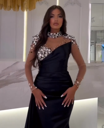 Black Long Sleeves Mermaid Evening Dress High Neck With Crystal