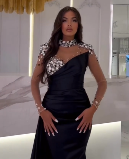 Black Long Sleeves Mermaid Evening Dress High Neck With Crystal