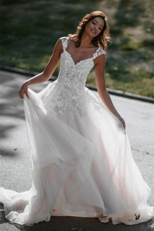 Cap Sleeves A-Line Tulle Lace Wedding Dress