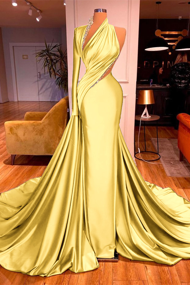 One Shoulder Long Beading Prom Dress Mermaid With Long Sleeve