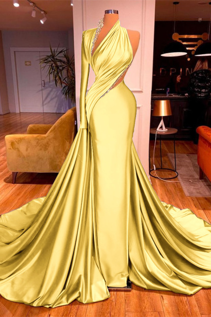 One Shoulder Long Beading Prom Dress Mermaid With Long Sleeve