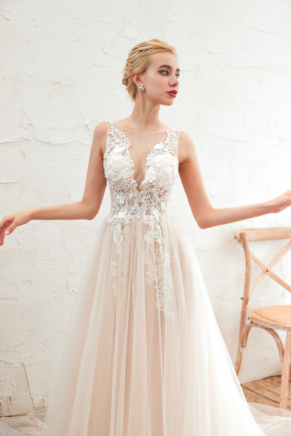 BMbridal Unique Tulle V-Neck Ivory Affordable Wedding Dress with Appliques