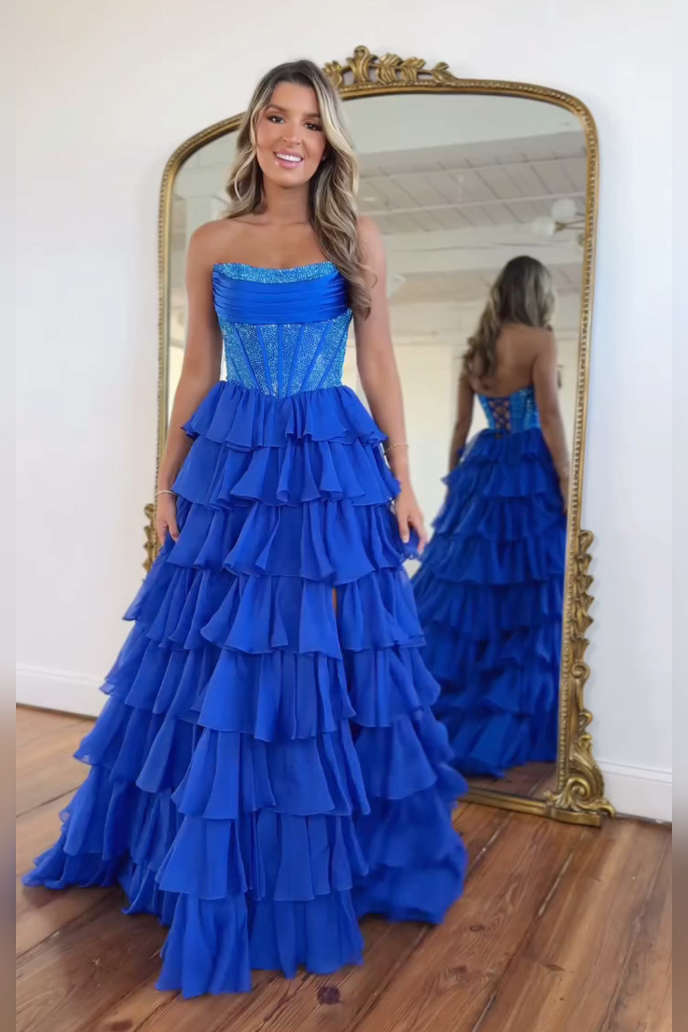 Navy Sparkly Strapless Corset A Line Long Chiffon Prom Dress