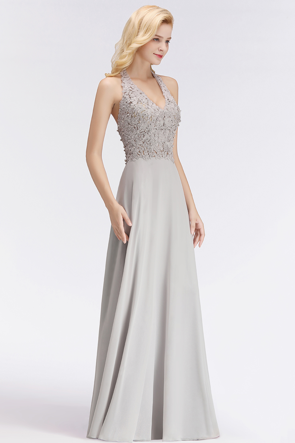 BMbridal A-line Halter Chiffon Lace Bridesmaid Dress with Beadings
