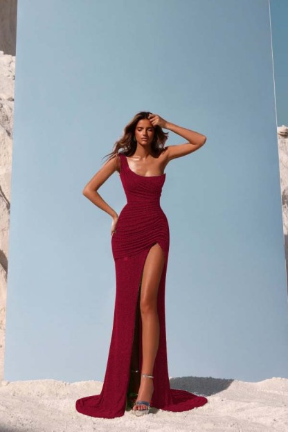 Sequins One Shoulder Sleeveless Long Prom Dress With Split Pleated