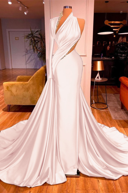 One Shoulder Long Beading Prom Dress Mermaid With Long Sleeve