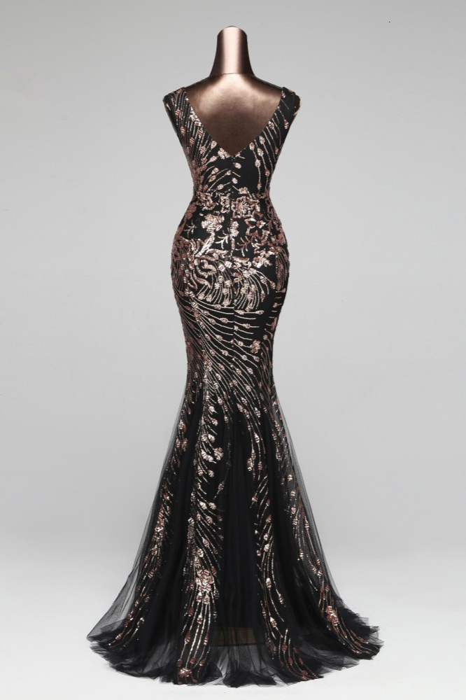 BMbridal Luxury Tulle V-Neck Sleeveless Mermaid Prom Dress with Sequins