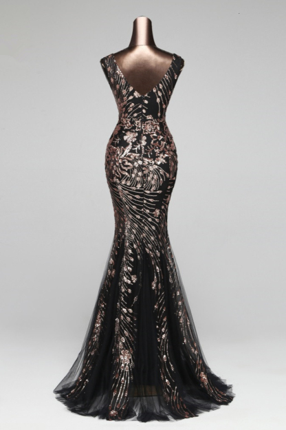BMbridal Luxury Tulle V-Neck Sleeveless Mermaid Prom Dress with Sequins