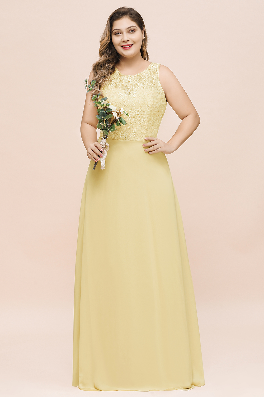 BMbridal Plus Size Lace Sleeveless Affordable Daffodil Bridesmaid Dress-BMbridal