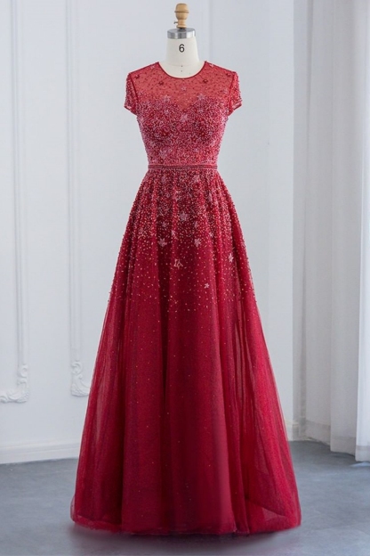 Bmbridal Red A-Line Short Sleeves Floor-Length Prom Dresses with Beadings