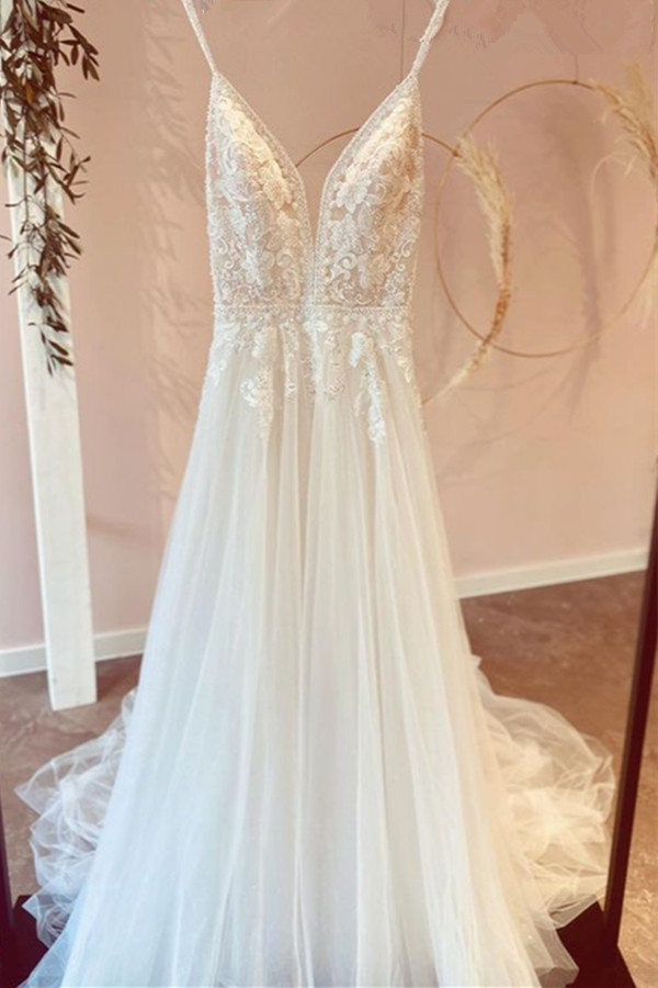 Bmbridal Spaghetti-Straps V-Neck Wedding Dress Tulle Long-BMbridal