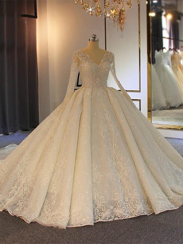 BMbridal Long Sleeves Delicate Lace Wedding Dress Ball Gown-BMbridal
