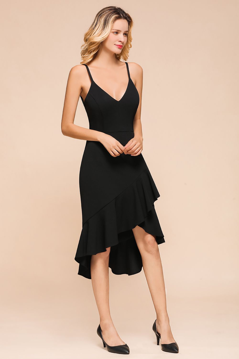 BMbridal Sexy Black Spaghetti-Strap Short Prom Dress Mermaid Ruffles Homecoming Dress