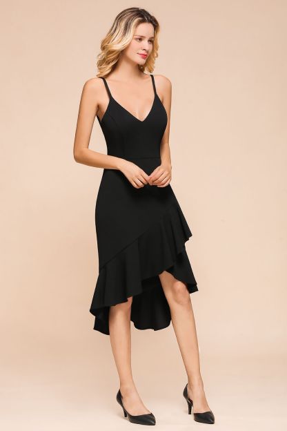 BMbridal Sexy Black Spaghetti-Strap Short Prom Dress Mermaid Ruffles Homecoming Dress