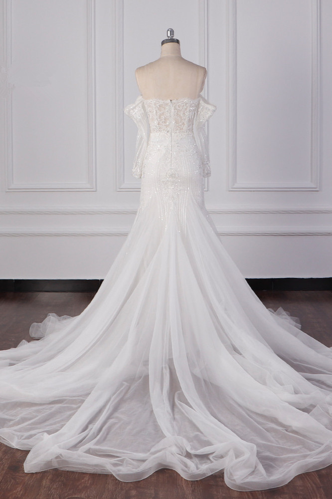 BMbridal Gorgeous Strapless White Tulle Lace Wedding Dress Long Sleeves Beadings Bridal Gowns On Sale-BMbridal